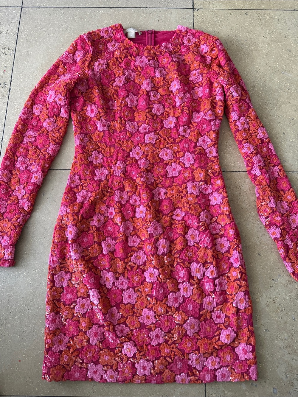 Michael Kors Collection Pink & Orange Floral Sequin Long Sleeve Sheath